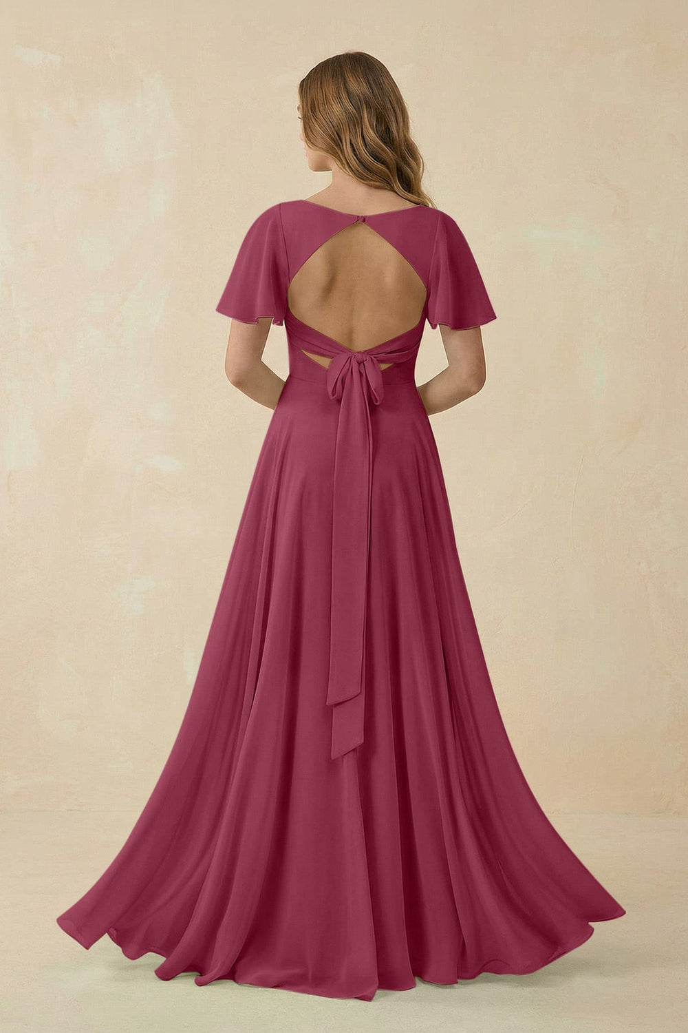 Flutter Sleeve V - Neck Chiffon A - Line Bridesmaid Dress in Desert Rose - KISS BRIDAL Bridesmaid Dresses