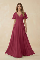 Flutter Sleeve V - Neck Chiffon A - Line Bridesmaid Dress in Desert Rose - KISS BRIDAL Bridesmaid Dresses