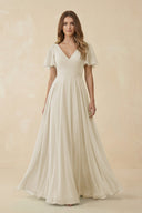 Flutter Sleeve V - Neck Chiffon A - Line Bridesmaid Dress in Dove Gray - SHE IS ME Bridesmaid Dresses