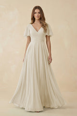 Flutter Sleeve V - Neck Chiffon A - Line Bridesmaid Dress in Dove Gray - KISS BRIDAL Bridesmaid Dresses