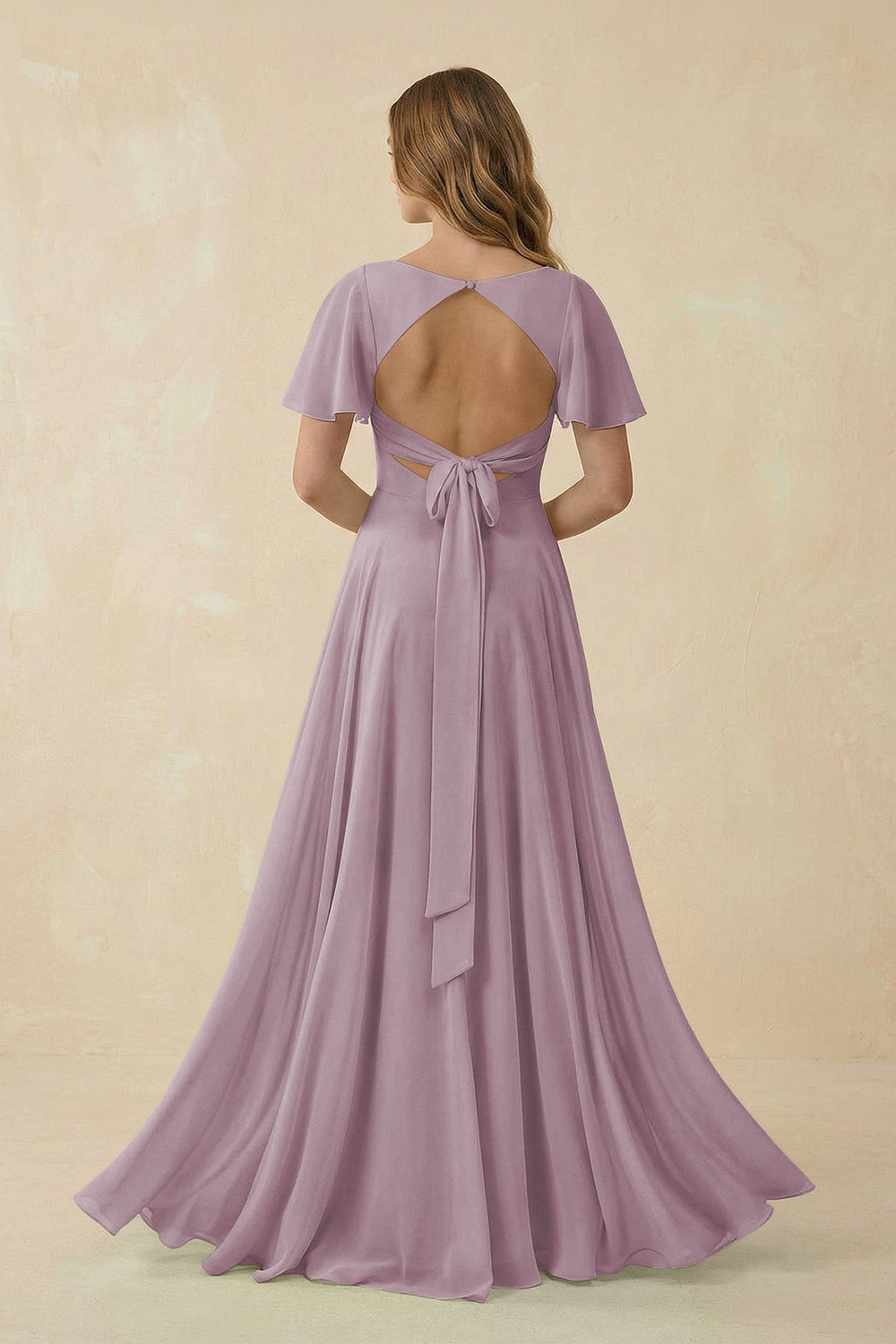 Flutter Sleeve V - Neck Chiffon A - Line Bridesmaid Dress in Dusk - KISS BRIDAL Bridesmaid Dresses