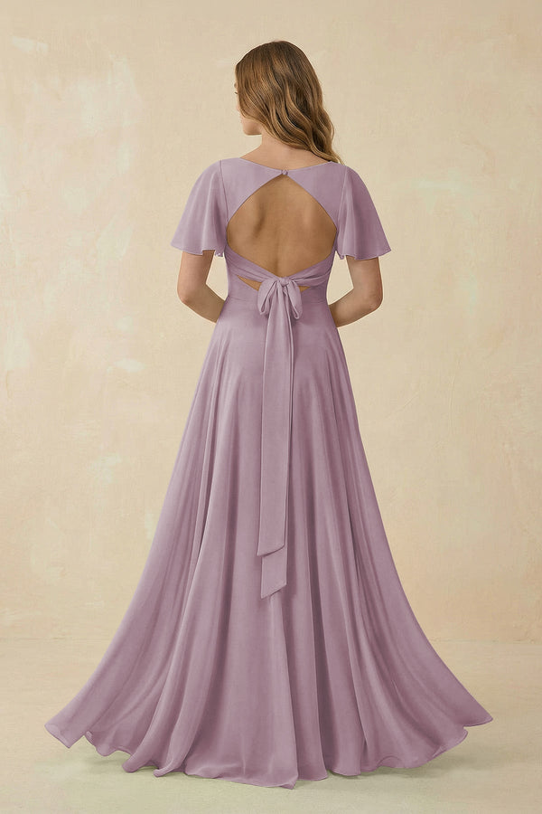 Flutter Sleeve V - Neck Chiffon A - Line Bridesmaid Dress in Dusk - KISS BRIDAL Bridesmaid Dresses