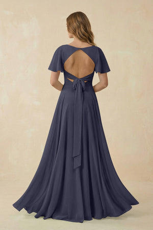 Flutter Sleeve V - Neck Chiffon A - Line Bridesmaid Dress in Dusk Blue - KISS BRIDAL Bridesmaid Dresses
