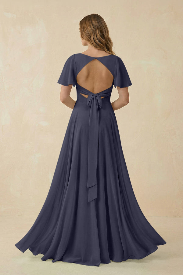 Flutter Sleeve V - Neck Chiffon A - Line Bridesmaid Dress in Dusk Blue - KISS BRIDAL Bridesmaid Dresses