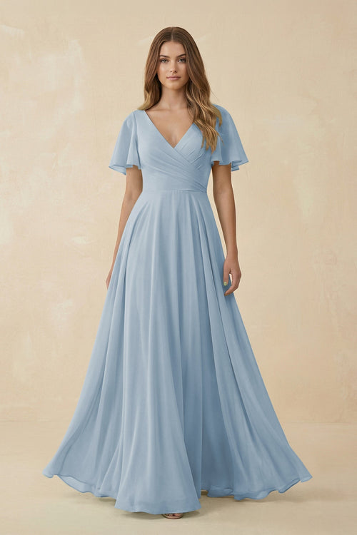 Flutter Sleeve V - Neck Chiffon A - Line Bridesmaid Dress in Dusty Blue - KISS BRIDAL Bridesmaid Dresses