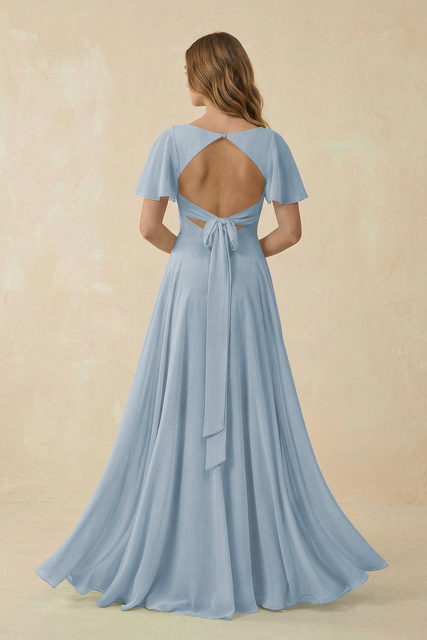 Flutter Sleeve V - Neck Chiffon A - Line Bridesmaid Dress in Dusty Blue - KISS BRIDAL Bridesmaid Dresses