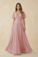 Flutter Sleeve V - Neck Chiffon A - Line Bridesmaid Dress in Dusty Rose - KISS BRIDAL Bridesmaid Dresses