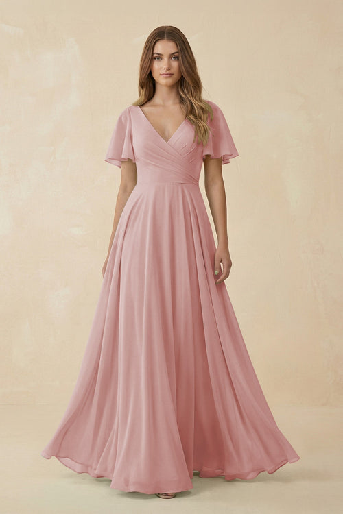 Flutter Sleeve V - Neck Chiffon A - Line Bridesmaid Dress in Dusty Rose - KISS BRIDAL Bridesmaid Dresses