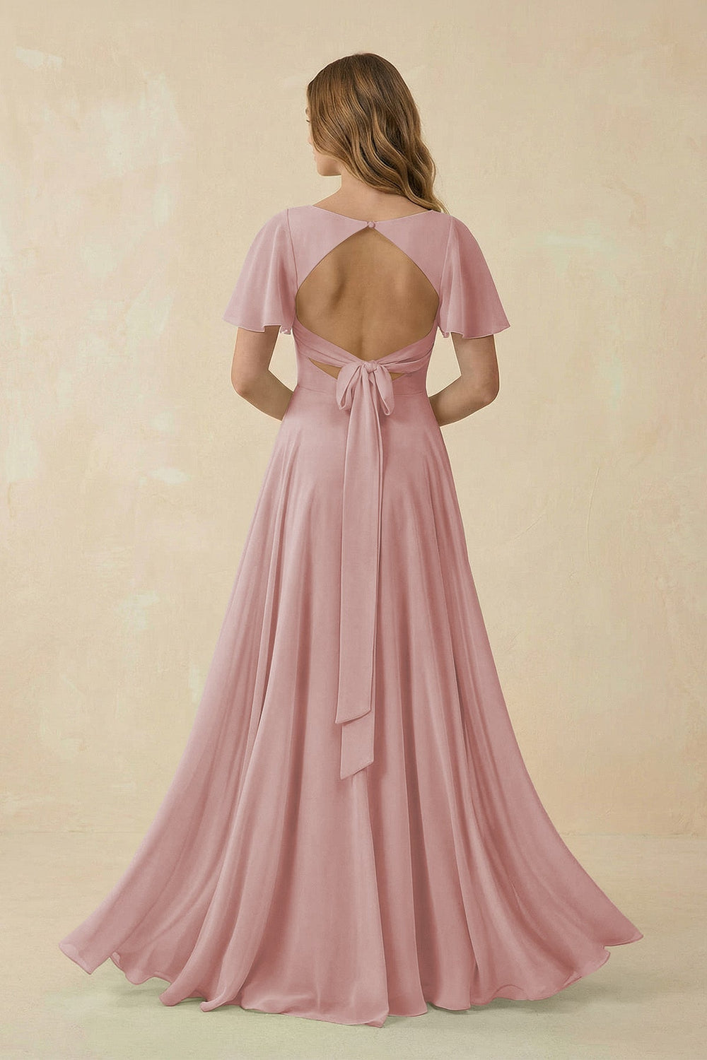 Flutter Sleeve V - Neck Chiffon A - Line Bridesmaid Dress in Dusty Rose - KISS BRIDAL Bridesmaid Dresses