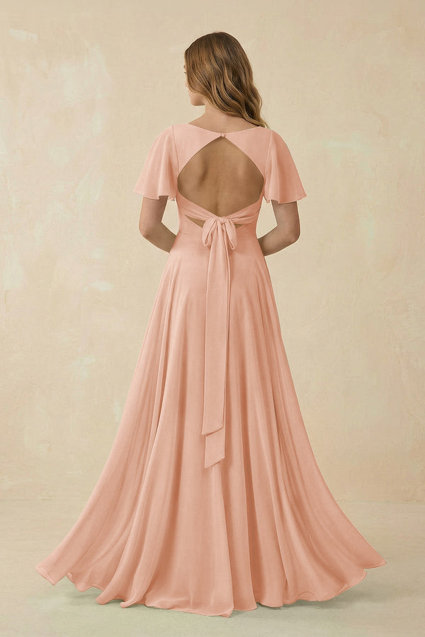 Flutter Sleeve V - Neck Chiffon A - Line Bridesmaid Dress in English Rose - SHE IS ME Bridesmaid Dresses