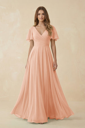 Flutter Sleeve V - Neck Chiffon A - Line Bridesmaid Dress in English Rose - SHE IS ME Bridesmaid Dresses