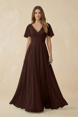 Flutter Sleeve V - Neck Chiffon A - Line Bridesmaid Dress in Espresso - KISS BRIDAL Bridesmaid Dresses