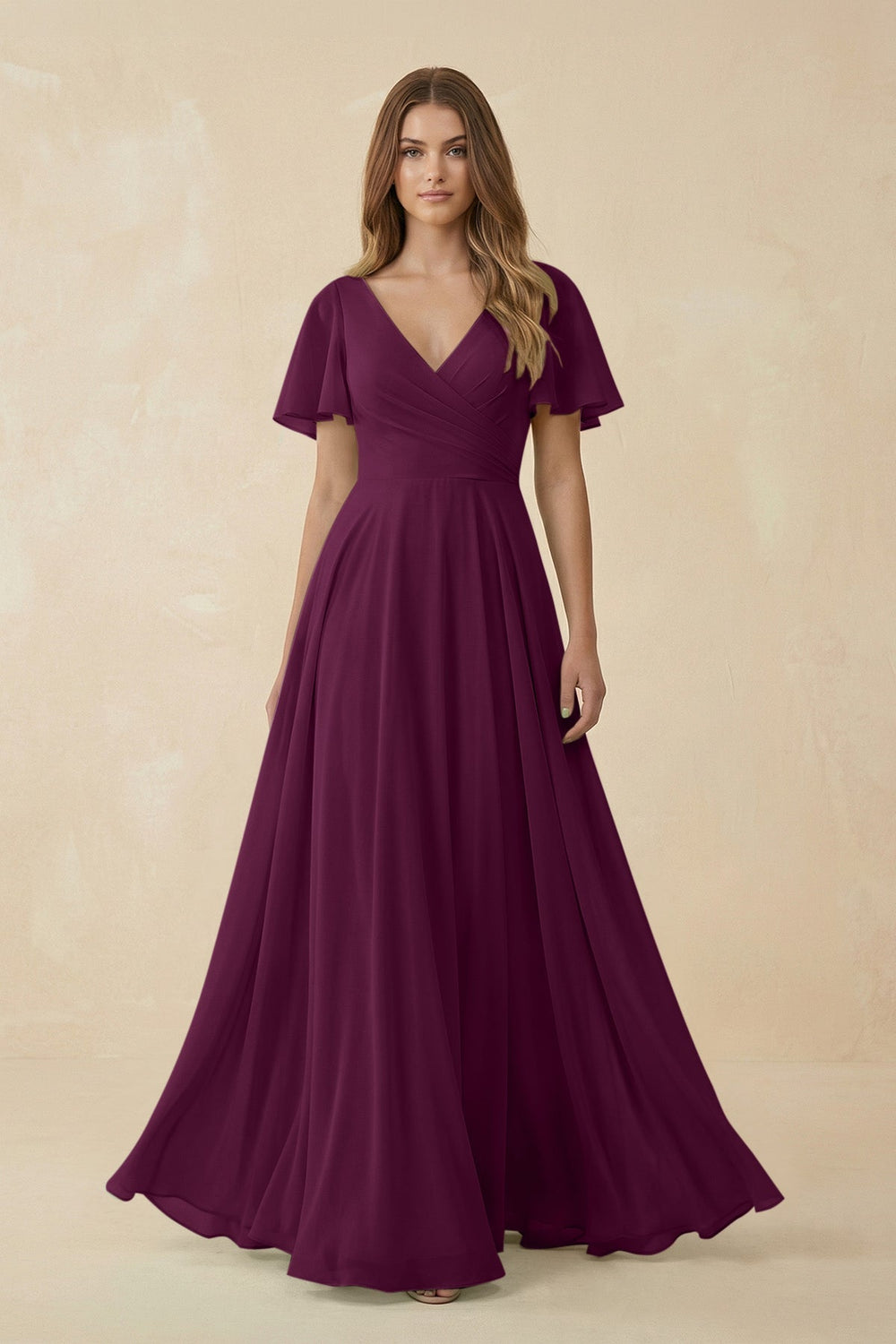 Flutter Sleeve V - Neck Chiffon A - Line Bridesmaid Dress in Fig - KISS BRIDAL Bridesmaid Dresses