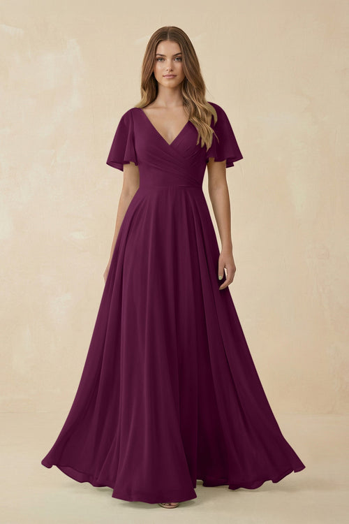 Flutter Sleeve V - Neck Chiffon A - Line Bridesmaid Dress in Fig - KISS BRIDAL Bridesmaid Dresses
