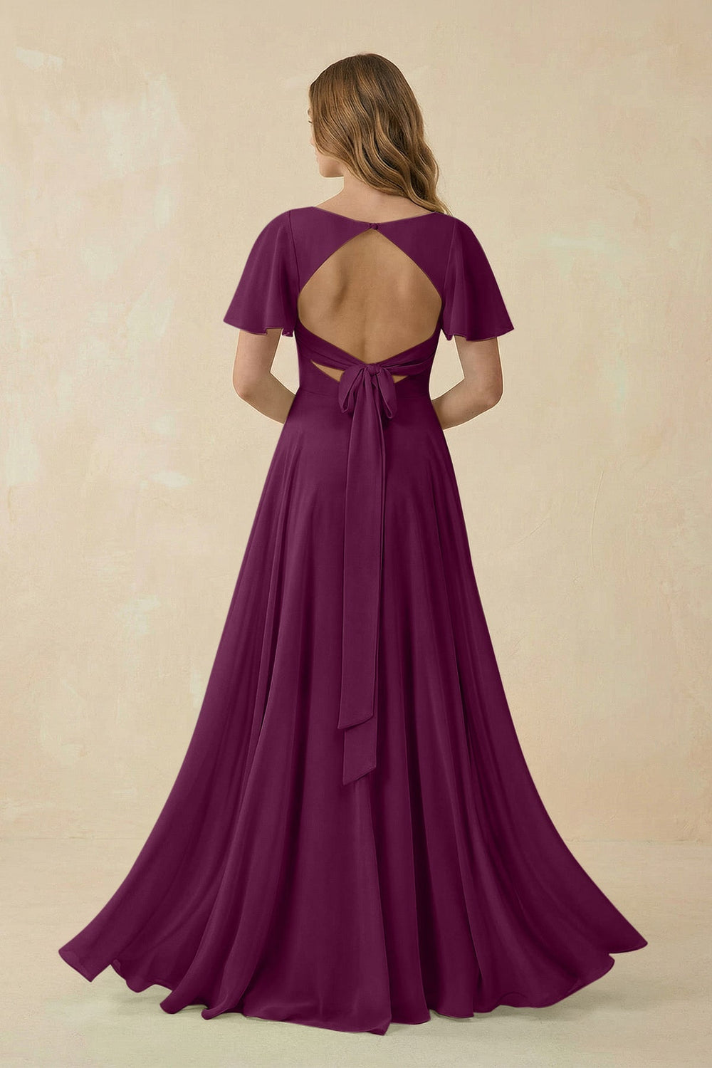 Flutter Sleeve V - Neck Chiffon A - Line Bridesmaid Dress in Fig - KISS BRIDAL Bridesmaid Dresses
