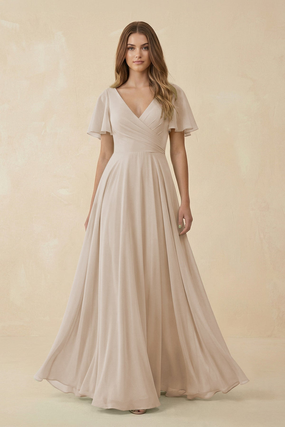 Flutter Sleeve V - Neck Chiffon A - Line Bridesmaid Dress in Frost - KISS BRIDAL Bridesmaid Dresses