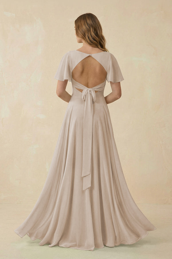 Flutter Sleeve V - Neck Chiffon A - Line Bridesmaid Dress in Frost - KISS BRIDAL Bridesmaid Dresses