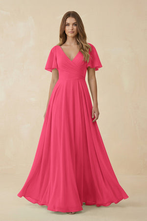 Flutter Sleeve V - Neck Chiffon A - Line Bridesmaid Dress in Fuchsia - SHE IS ME Bridesmaid Dresses