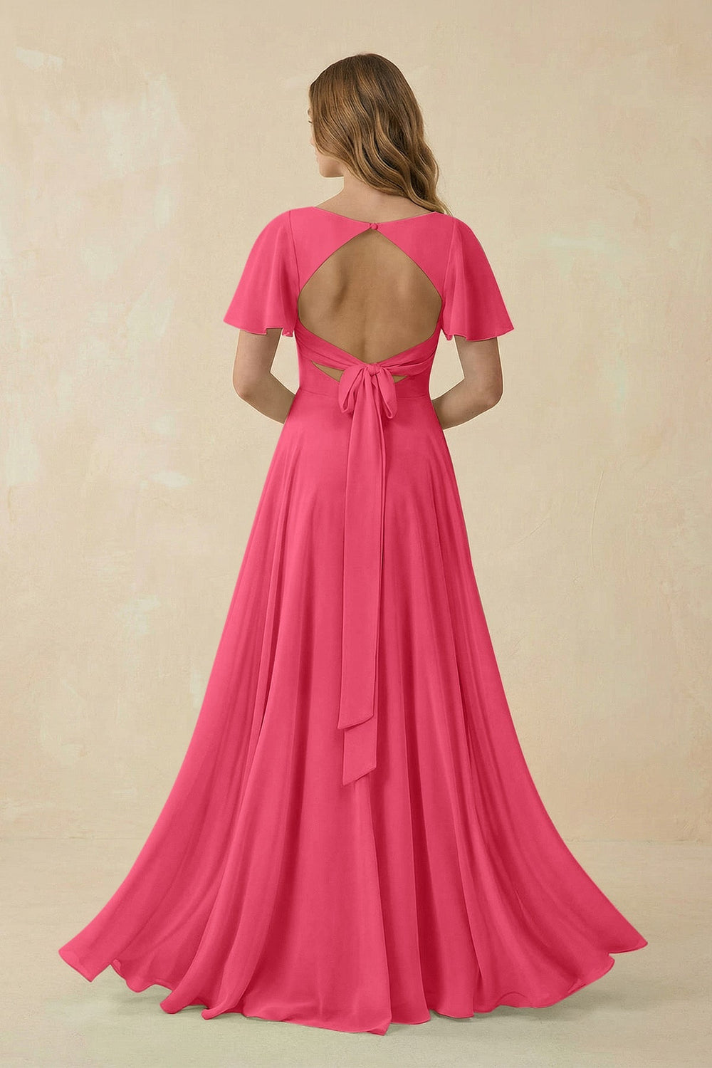 Flutter Sleeve V - Neck Chiffon A - Line Bridesmaid Dress in Fuchsia - KISS BRIDAL Bridesmaid Dresses