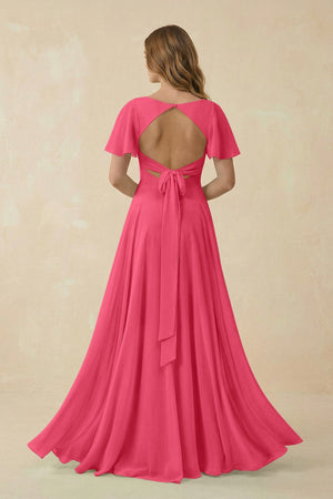 Flutter Sleeve V - Neck Chiffon A - Line Bridesmaid Dress in Fuchsia - SHE IS ME Bridesmaid Dresses