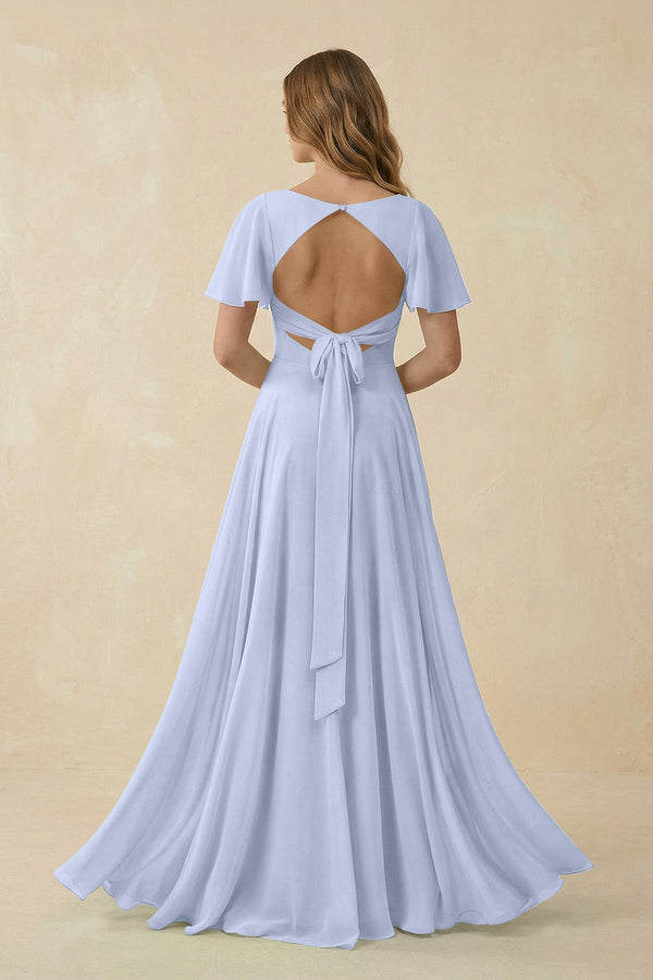 Flutter Sleeve V - Neck Chiffon A - Line Bridesmaid Dress in Ice - SHE IS ME Bridesmaid Dresses