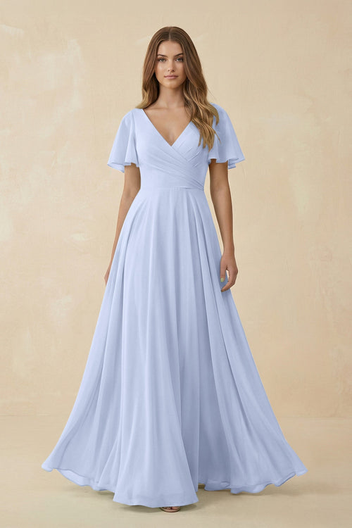 Flutter Sleeve V - Neck Chiffon A - Line Bridesmaid Dress in Ice - SHE IS ME Bridesmaid Dresses