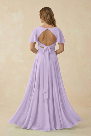 Flutter Sleeve V - Neck Chiffon A - Line Bridesmaid Dress in Lavender - KISS BRIDAL Bridesmaid Dresses