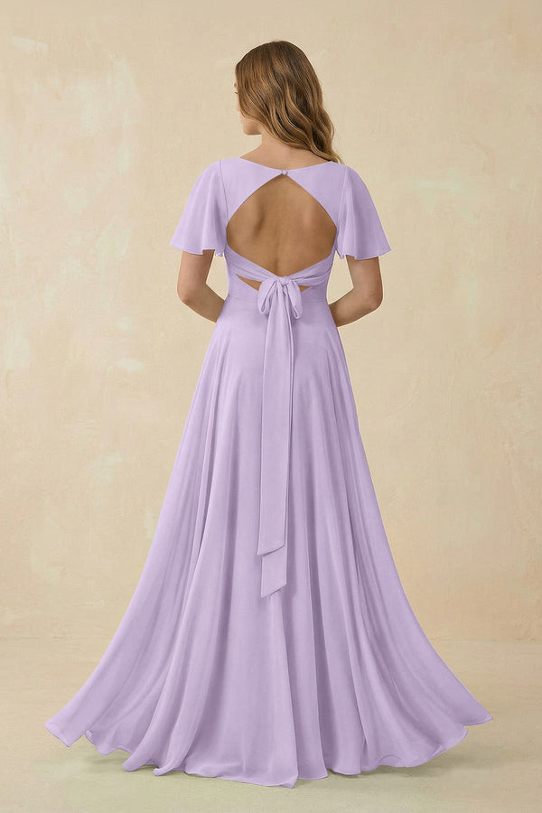 Flutter Sleeve V - Neck Chiffon A - Line Bridesmaid Dress in Lavender - KISS BRIDAL Bridesmaid Dresses