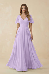 Flutter Sleeve V - Neck Chiffon A - Line Bridesmaid Dress in Lavender - KISS BRIDAL Bridesmaid Dresses