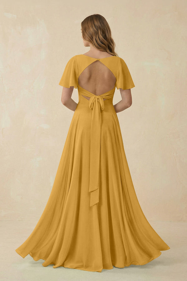 Flutter Sleeve V-Neck Chiffon A-Line Bridesmaid Dress in Marigold