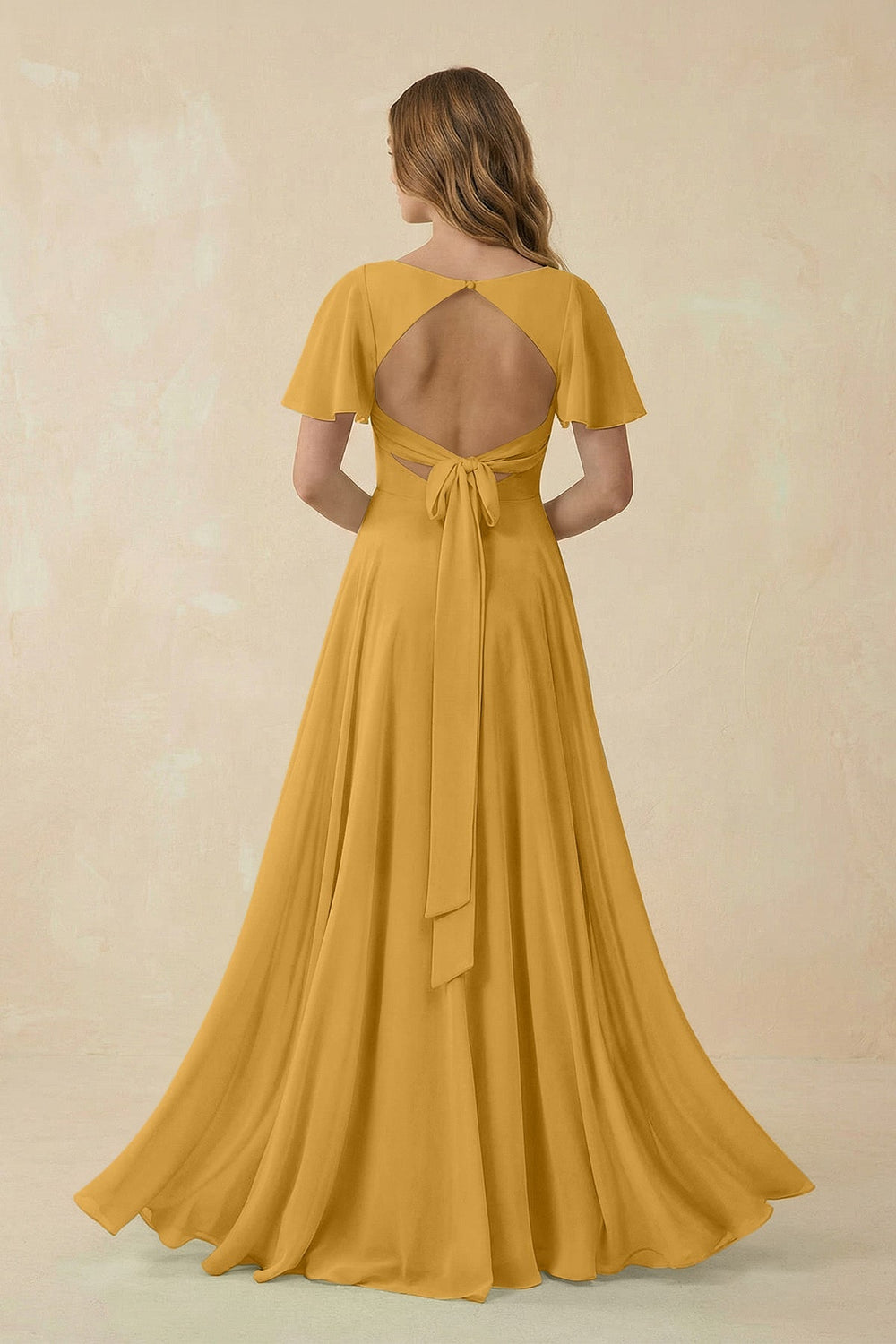 Flutter Sleeve V - Neck Chiffon A - Line Bridesmaid Dress in Marigold - KISS BRIDAL Bridesmaid Dresses
