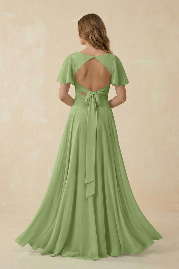 Flutter Sleeve V - Neck Chiffon A - Line Bridesmaid Dress in Matcha - SHE IS ME Bridesmaid Dresses