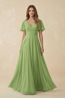Flutter Sleeve V - Neck Chiffon A - Line Bridesmaid Dress in Matcha - SHE IS ME Bridesmaid Dresses