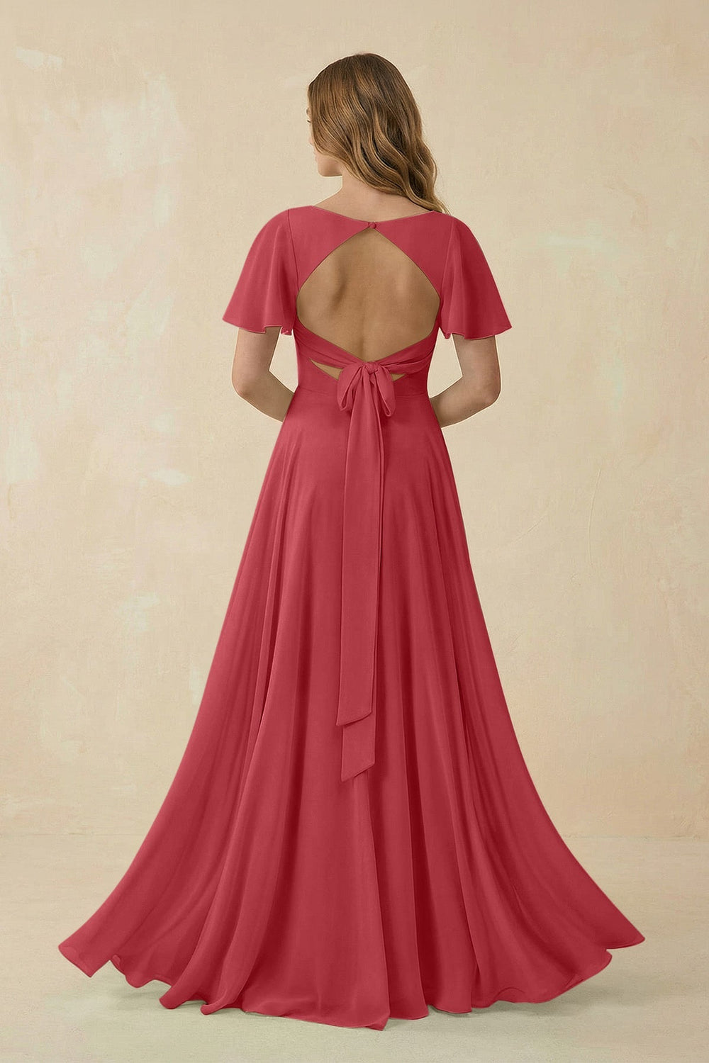 Flutter Sleeve V - Neck Chiffon A - Line Bridesmaid Dress in Merlot - KISS BRIDAL Bridesmaid Dresses