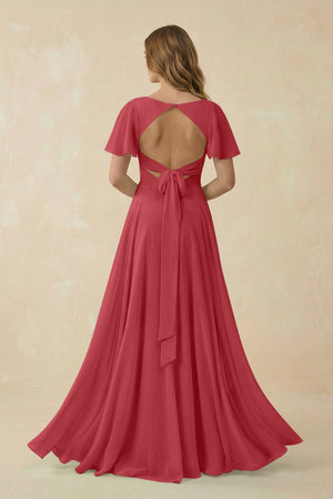 Flutter Sleeve V - Neck Chiffon A - Line Bridesmaid Dress in Merlot - KISS BRIDAL Bridesmaid Dresses