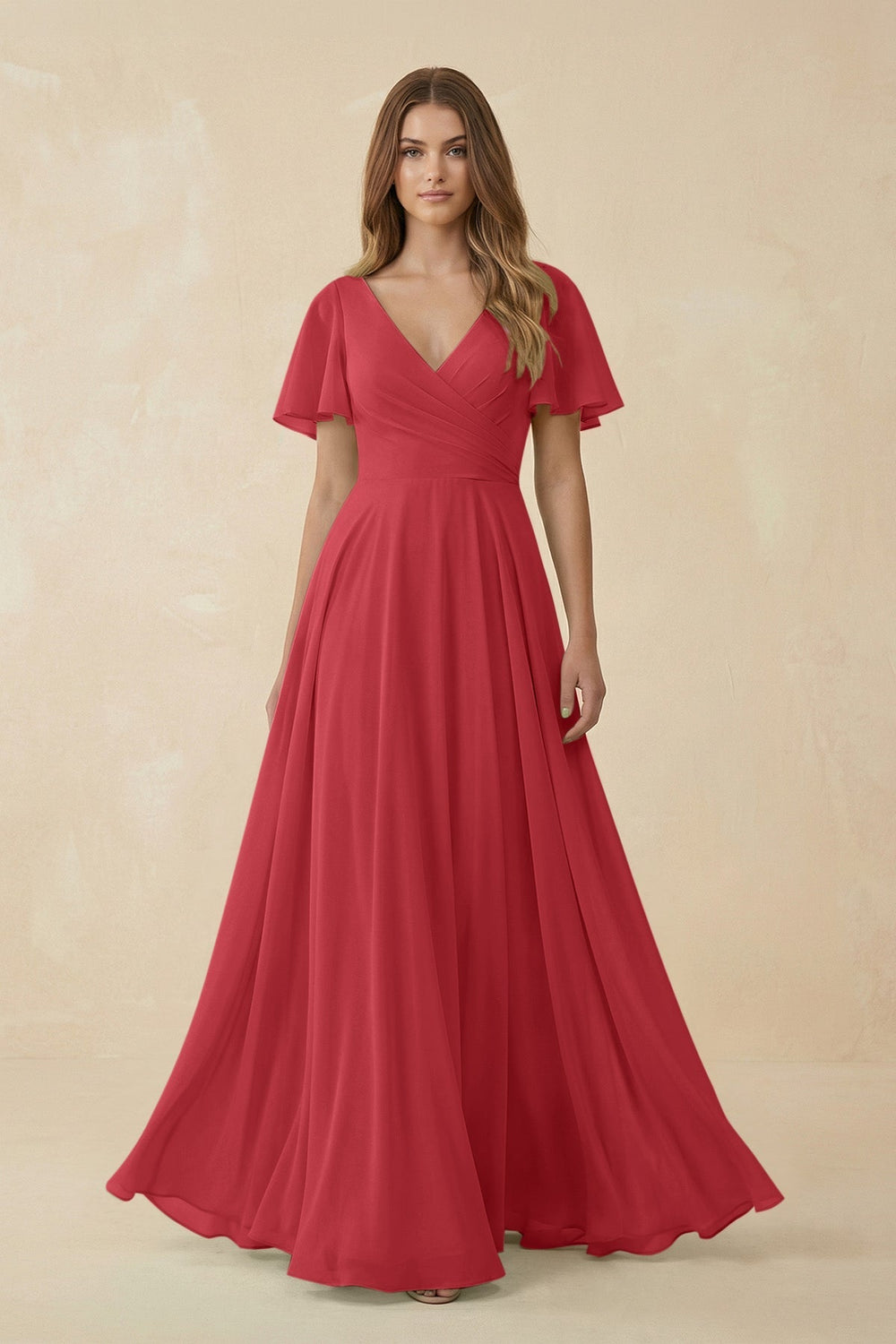 Flutter Sleeve V - Neck Chiffon A - Line Bridesmaid Dress in Merlot - KISS BRIDAL Bridesmaid Dresses