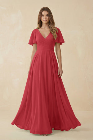 Flutter Sleeve V - Neck Chiffon A - Line Bridesmaid Dress in Merlot - KISS BRIDAL Bridesmaid Dresses