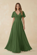 Flutter Sleeve V - Neck Chiffon A - Line Bridesmaid Dress in Moss - KISS BRIDAL Bridesmaid Dresses
