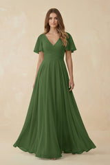 Flutter Sleeve V - Neck Chiffon A - Line Bridesmaid Dress in Moss - KISS BRIDAL Bridesmaid Dresses