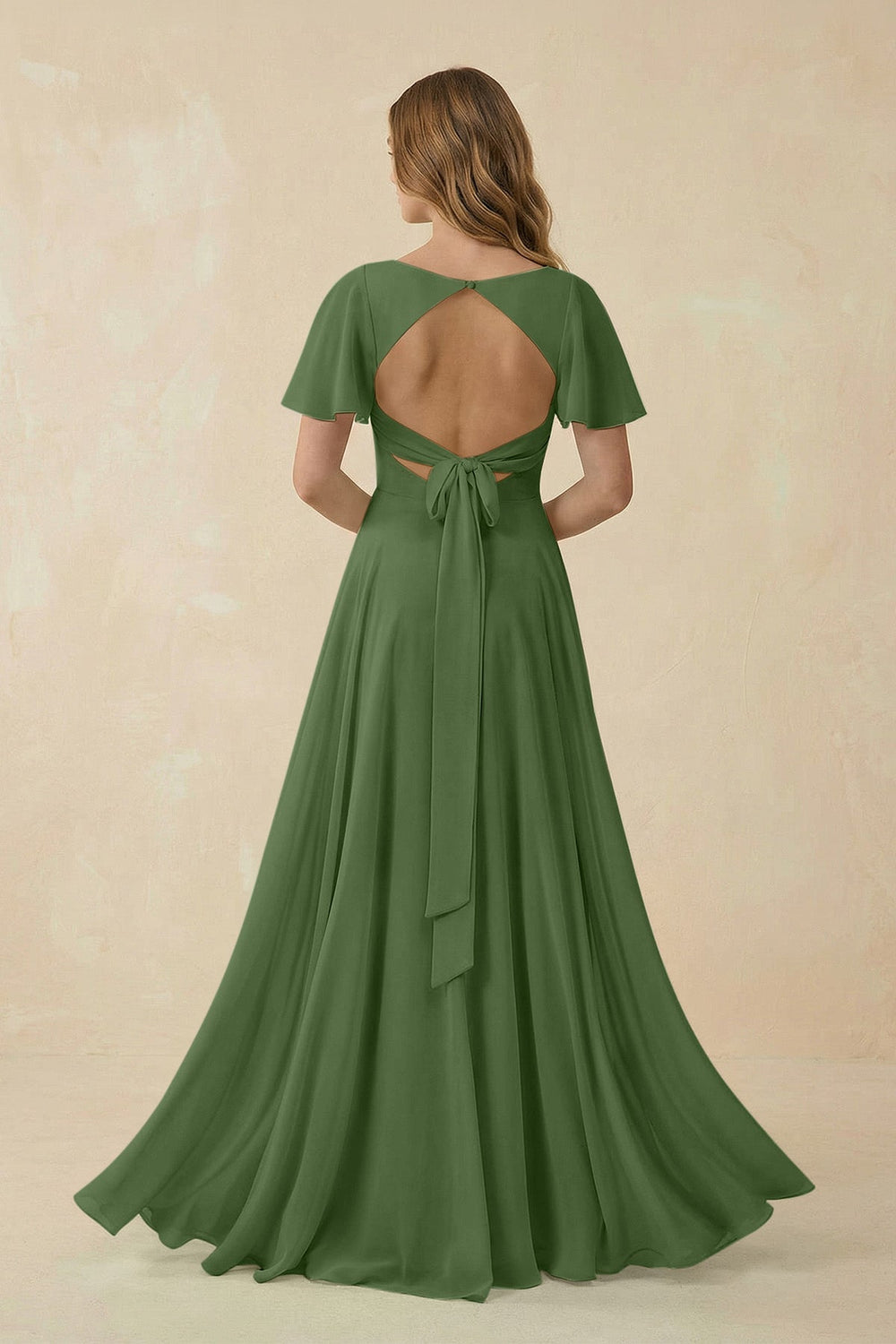 Flutter Sleeve V - Neck Chiffon A - Line Bridesmaid Dress in Moss - KISS BRIDAL Bridesmaid Dresses