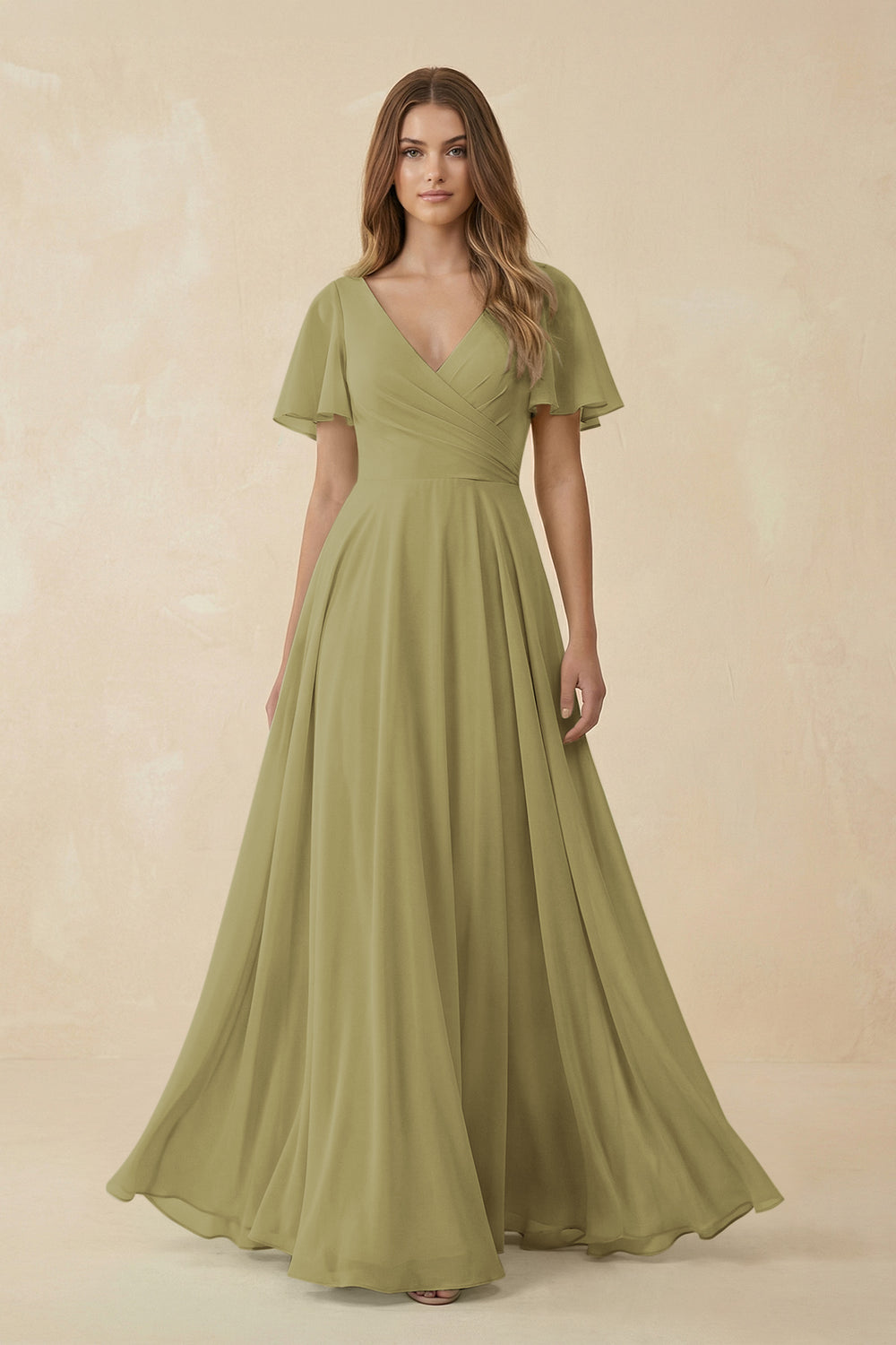 Flutter Sleeve V-Neck Chiffon A-Line Bridesmaid Dress in Moss Green