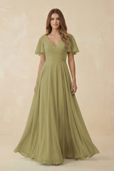Flutter Sleeve V-Neck Chiffon A-Line Bridesmaid Dress in Moss Green | KISSBRIDAL