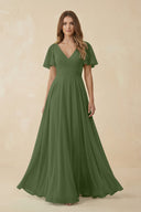 Flutter Sleeve V-Neck Chiffon A-Line Bridesmaid Dress in Moss | KISSBRIDAL
