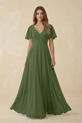 Flutter Sleeve V-Neck Chiffon A-Line Bridesmaid Dress in Moss | KISSBRIDAL