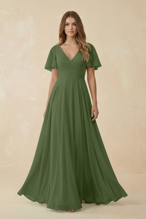 Flutter Sleeve V-Neck Chiffon A-Line Bridesmaid Dress in Moss | KISSBRIDAL