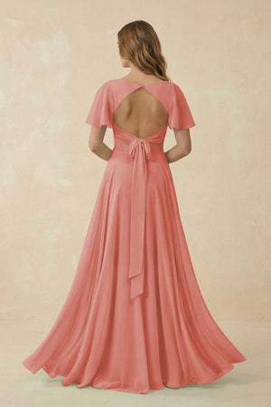 Flutter Sleeve V - Neck Chiffon A - Line Bridesmaid Dress in Mulberry - KISS BRIDAL Bridesmaid Dresses