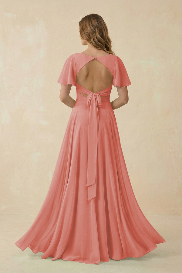 Flutter Sleeve V - Neck Chiffon A - Line Bridesmaid Dress in Mulberry - KISS BRIDAL Bridesmaid Dresses