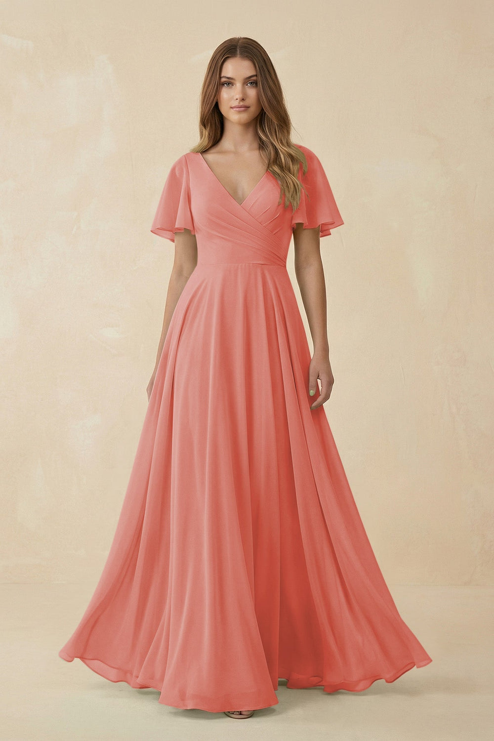 Flutter Sleeve V - Neck Chiffon A - Line Bridesmaid Dress in Mulberry - KISS BRIDAL Bridesmaid Dresses