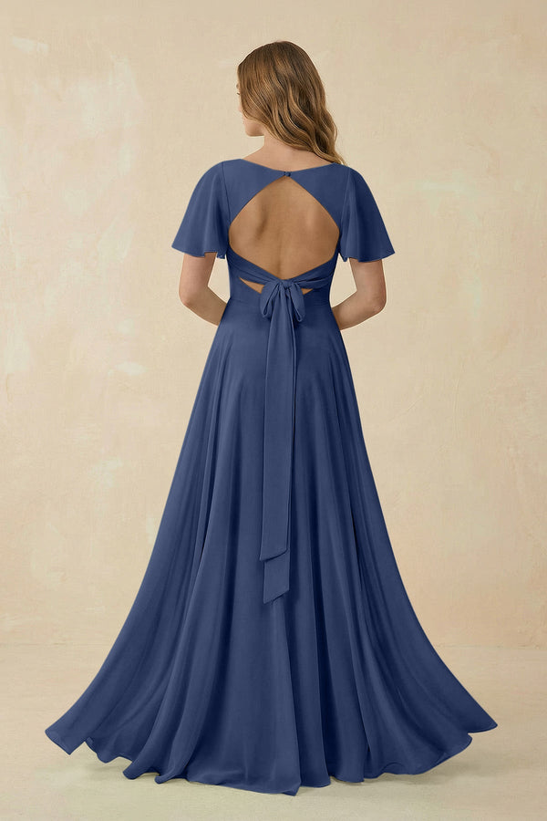Flutter Sleeve V - Neck Chiffon A - Line Bridesmaid Dress in Navy - KISS BRIDAL Bridesmaid Dresses