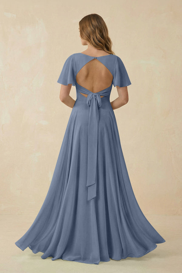 Flutter Sleeve V - Neck Chiffon A - Line Bridesmaid Dress in Neptune - KISS BRIDAL Bridesmaid Dresses